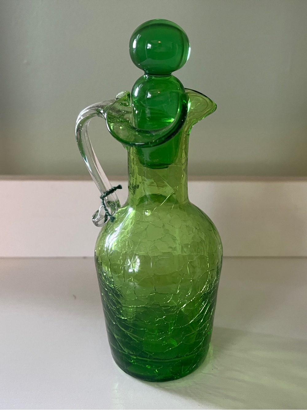 Green Crackle Glass Cruet with Stopper - Decorative Glassware